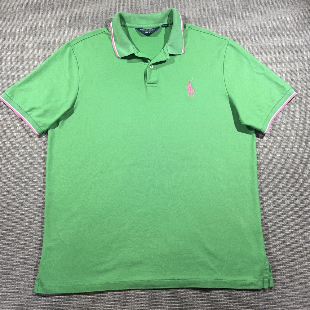 Polo Golf Ralph Lauren Polo Shirt Mens XL Green Pink Trim Pro Fit Golf Big Pony
